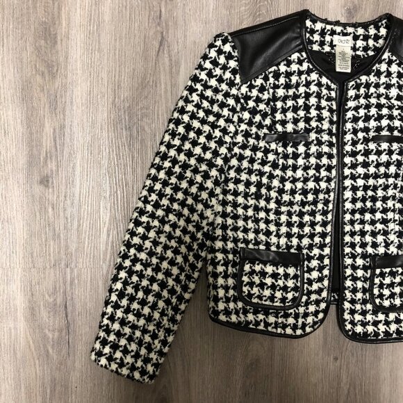 Cache Women's Size 2 Wool Blend Cropped Jacket Black White Houndstooth Blazer - Picture 3 of 9
